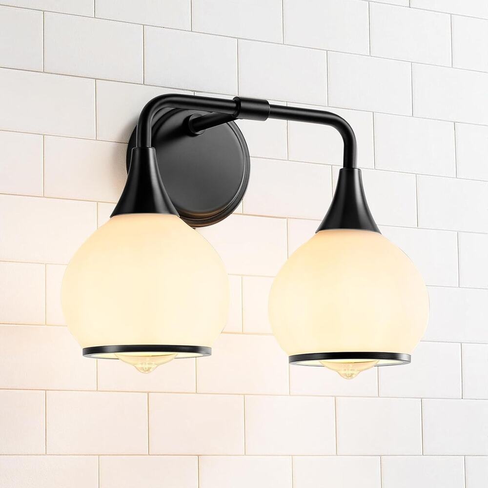 14" Black 2-Light Bathroom Vanity Light White Frosted Glass E26
